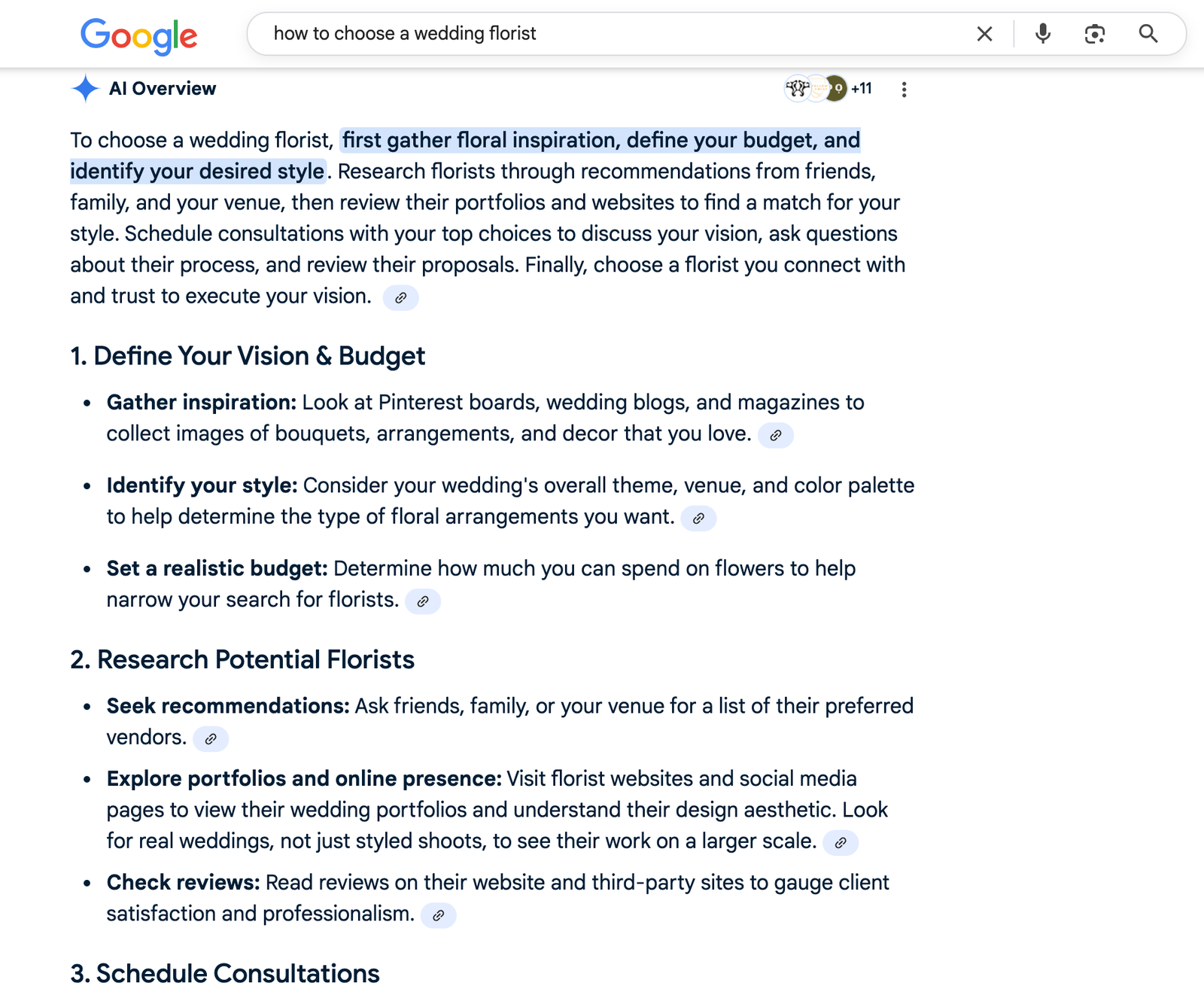 how to choose a wedding florist - google's ai overview search result
